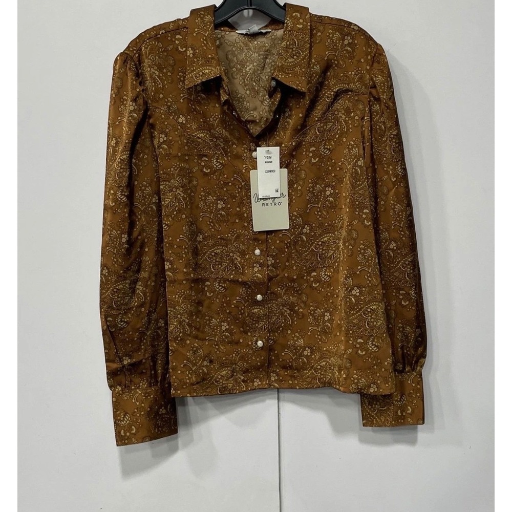 Wrangler Retro Boho Bronze Paisley Satin Western Snap Shirt L NWT - Picture 2 of 5